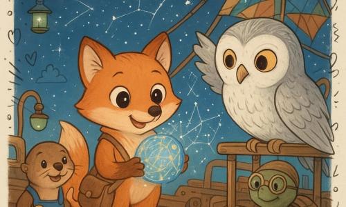 Un petit renard roux anthropomorphe au pelage soyeux et au regard émerveillé tient contre sa poitrine une sphère lumineuse bleue et dorée qui pulse et projette des constellations argentées ; à ses côtés, une grande chouette blanche aux plumes argentées et regard bienveillant est perchée sur la rambarde, une jeune loutre en salopette, tenant une clé anglaise, l'observe depuis quelques marches en arrière, et au loin une tortue marin mécanicienne aux lunettes répare un panneau de cuivre en souriant ; le tout se déroule sur la proue en bois poli d'une cité-flotte science-fantasy aux rivets en laiton, engrenages et tuyaux cuivrés, lanternes bioluminescentes et voiles en vitrail, au crépuscule étoilé, ambiance chaleureuse, mystérieuse et pleine de promesses d'aventure.
