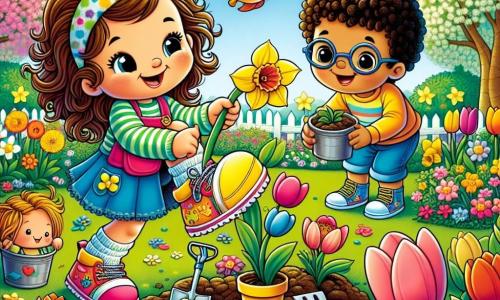 Au centre de l'image, Chaussette, une petite chaussure colorée, est pleine d'énergie, sautillant dans un jardin fleuri entouré de tulipes et de jonquilles. À sa droite, Léa, une petite fille aux cheveux bouclés, sourit en tenant un pot de terre, prête à planter une fleur. À sa gauche, Hugo, un garçon aux lunettes rondes, regarde avec admiration, tenant une pelle miniature. Le jardin est lumineux, avec un ciel bleu et des oiseaux colorés volant au-dessus des arbres en fleurs. La scène montre Chaussette et les enfants plantant des fleurs ensemble, célébrant le printemps avec des rires et des sourires, créant un moment de partage et d'amitié en pleine nature.