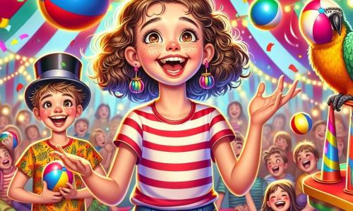 Une fille de 10 ans, Zoé, aux cheveux châtains bouclés, porte un t-shirt rayé et un short en denim, souriante. Elle jongle avec deux balles colorées, ses yeux brillants d'excitation. À côté d'elle, Pablo, un garçon de son âge avec un chapeau melon de travers, la regarde en riant, tenant une balle supplémentaire. Le décor est un chapiteau de cirque vibrant, rempli de lumières scintillantes et de spectateurs amusés, avec des confettis flottant dans l'air et un perroquet coloré observant la scène. Zoé et Pablo présentent un numéro de jonglage sous un public enthousiaste qui applaudit, créant une ambiance festive.