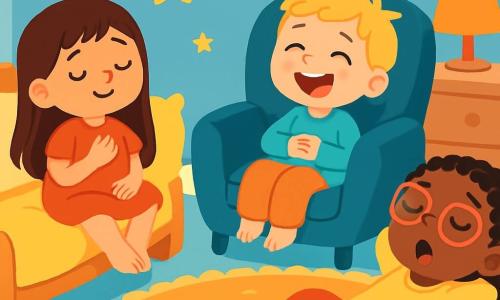Il y a trois personnages : Mila, une petite fille de 5 ans avec de longs cheveux bruns, assise sur un lit douillet, souriante ; Léo, un garçon de 4 ans aux cheveux blonds en bataille, riant dans un fauteuil bleu ; et Aya, une petite fille de 5 ans avec des cheveux noirs tressés et des lunettes rondes, allongée sur le tapis, bâillant. La scène se déroule dans une chambre chaleureuse aux murs bleu ciel, ornée d'étoiles scintillantes et d'un grand tapis moelleux, avec des jouets colorés éparpillés. Les enfants se préparent à s'endormir, dans une ambiance calme et sereine, prêts pour un voyage de rêve.