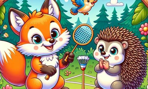 Un renard joyeux au pelage orange vif et à la queue touffue tient une raquette de badminton et sourit, prêt à frapper un volant coloré. À ses côtés, un hérisson mignon avec des piquants bruns applaudit en l'encourageant, tout en tenant une petite raquette. La scène se déroule dans une forêt enchantée avec des arbres luxuriants, des fleurs colorées et un ciel bleu clair. Un terrain de badminton improvisé est tracé sur l'herbe, avec un filet fait de branches. Le renard et le hérisson s'apprêtent à jouer un match amical, tandis qu'une hirondelle les observe avec un sourire.