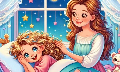 Une petite fille de 8 ans, aux cheveux bouclés et dorés, est allongée sur son lit avec un grand sourire. Ses yeux brillent d'excitation alors qu'elle ferme les yeux, prête à s'endormir. À côté d'elle, sa maman, une femme douce d'une trentaine d'années aux cheveux châtains, lui caresse tendrement les cheveux avec une expression calme et aimante. La chambre est douce, avec des murs bleu pastel, des étoiles au plafond et des peluches sur le sol. Une fenêtre ouverte laisse entrer une brise légère, faisant danser les rideaux, tandis qu'un croissant de lune éclaire la pièce. Dans cette scène paisible, la petite fille s'imagine voguer sur une mer calme, prête à plonger dans un monde de rêves enchantés.