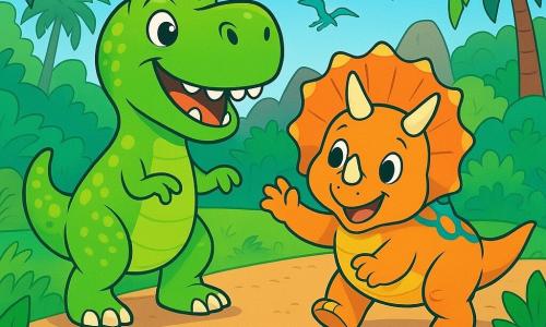 Un Tyrannosaure Rex nommé Toto, avec une peau verte éclatante, se tient sur la ligne de départ d'une course de dinosaures, souriant et pétillant d'excitation. À ses côtés, un Tricératops amical l'encourage, les pattes levées en soutien. Le décor est une jungle luxuriante sous un ciel bleu, remplie de fougères, de palmiers et de rochers. D'autres dinosaures, comme des velociraptors et des ptérodactyles, se préparent à courir. Toto est prêt à s'élancer, entouré de ses amis, tandis qu'une foule de dinosaures les observe, créant une atmosphère joyeuse et amicale.