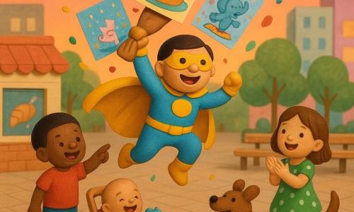 Super-héros Super Bafouille, joyeux, en costume bleu ciel et jaune avec cape ronde, atterrit au centre d'une place pavée de Boum-Boum Ville en tenant un sac d'affiches magiques qui apparaissent autour de lui ; à gauche, un garçon d'environ 6 ans en T-shirt rouge pointe une affiche montrant un gâteau géant, à droite une fillette de 5 ans en robe à pois verts applaudit près d'un banc, un bébé hilare dans une poussette agite un jouet en peluche bleu au premier plan et un chien brun court autour ; en arrière-plan une petite boulangerie, un parc et des immeubles pastel, tandis que des affiches colorées collées aux murs montrent un chaton dansant, un éléphant sur un trampoline et des feux d'artifice, avec confettis et ballons sous un ciel de coucher de soleil rose-orange.