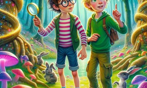 Deux garçons de douze ans, Timothée et Hugo, se tiennent au centre de la forêt de Champibizarre. Timothée, avec des cheveux bruns en bataille et des lunettes rondes, porte un t-shirt rayé et un short en jean, tenant une loupe avec curiosité. À côté de lui, Hugo, aux cheveux blonds et aux yeux pétillants, est vêtu d'un t-shirt vert et d'un pantalon cargo, pointant vers un arbre aux feuilles argentées qui murmure des mots mystérieux. La forêt est magique, avec des arbres tordus, des champignons colorés, des lapins multicolores et des fleurs scintillantes. Ils se préparent à résoudre une énigme posée par Champibob, le gardien de la forêt, un petit bonhomme à la peau verte vêtu d'une veste violette. L'atmosphère est magique et excitante, alors qu'ils s'apprêtent à découvrir le secret de l'arbre à paroles.