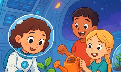 Sacha, une jeune femme aux cheveux bruns et bouclés, porte une combinaison d'astronaute blanche. Elle s'intéresse à une petite plante verte, tandis que Noémie, une fille de 10 ans avec des tresses blondes, sourit en tenant un arrosoir. Malik, un garçon de 9 ans aux cheveux noirs, les observe avec enthousiasme. La scène se déroule dans un module spatial futuriste, rempli de lumières et d'écrans, avec des équipements scientifiques. Sacha et ses amis s'assurent que la plante reçoit les soins nécessaires, créant un moment de camaraderie et de découverte.