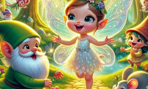 Dans une clairière enchantée, Lila la fée, avec ses grandes ailes scintillantes et ses yeux joyeux, se tient au centre, souriante et enthousiaste, tenant une boîte de pétales colorés. À ses côtés, Gaspard le lutin, avec son chapeau vert et sa barbe rousse, saute de joie, tandis que Mimi la souris, avec ses grandes oreilles et sa fourrure grise, applaudit avec enthousiasme. La clairière, baignée de lumière dorée et entourée d'arbres majestueux et de fleurs éclatantes, est embellie par un ruisseau scintillant. Lila annonce à ses amis qu'ils vont organiser une chasse au trésor pour célébrer le printemps, et tous sont impatients de commencer cette aventure joyeuse.