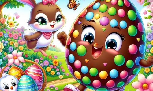 Un œuf en chocolat nommé Choco, brillant et coloré avec des pois multicolores, exprime sa joie en sautillant sur un chemin de fleurs. À côté, un petit lapin en peluche nommé Pipo, avec des oreilles longues et un sourire espiègle, le regarde avec enthousiasme, tenant un panier d'œufs colorés. Non loin, une poule en feutre appelée Plume, avec un regard amical, danse joyeusement, entourée de guirlandes de fleurs. Le jardin, rempli de fleurs éclatantes et de papillons, crée une atmosphère festive. Choco, Pipo et Plume recherchent l'œuf spécial de Choco, souriants et prêts à célébrer Pâques ensemble.
