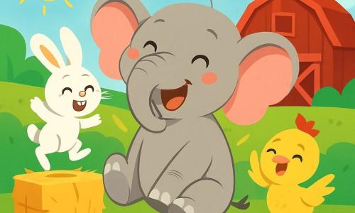 Eli, un éléphant joyeux à la peau grise et aux grandes oreilles, est assis dans une ferme ensoleillée, riant avec sa trompe en l'air. À côté de lui, un petit lapin blanc aux grandes oreilles saute sur une botte de paille, tandis qu'une poulette jaune avec un chapeau rouge se prépare à sauter en riant. En arrière-plan, un ciel bleu clair et des champs verdoyants entourent la ferme, avec des fleurs colorées dansant au vent. Eli fait tomber la paille en essayant de sauter, créant une scène amusante et pleine de rires.