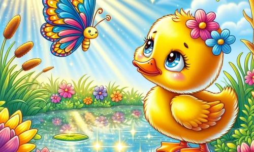 Un petit canard aux plumes jaunes et brillantes se tient au bord d'un étang scintillant, regardant un papillon coloré qui virevolte autour de lui. Le papillon, aux couleurs vives de bleu et d'orange, danse dans les airs au-dessus des fleurs éclatantes. L'étang est bordé de nénuphars et de roseaux, avec des rayons de soleil créant des reflets dorés sur l'eau. Le canard et le papillon échangent des mots d'amitié, le canard exprimant sa tristesse de ne pas pouvoir voler, tandis que le papillon lui parle d'acceptation de soi et de la beauté de leur amitié.