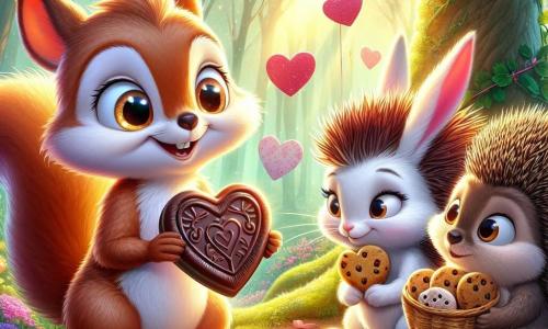 Dans une forêt enchantée, Émile, un petit écureuil au pelage brun clair et aux yeux curieux, tient une carte décorée de cœurs en chocolat, souriant avec émerveillement. À ses côtés, Léa la lapine, au pelage blanc et aux grandes oreilles, le regarde joyeusement en tenant un panier de biscuits. Max le hérisson, sérieux, se penche sur la carte, intrigué. La scène se déroule sous un grand arbre aux feuilles vertes et aux décorations de Saint-Valentin, avec des cœurs en papier flottant. Les rayons du soleil créent une ambiance magique alors qu'Émile et ses amis découvrent le mystère de la carte, entourés de fleurs colorées et de petits animaux curieux.