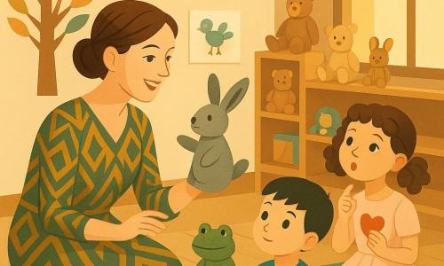 Une institutrice souriante et bienveillante, cheveux châtain en chignon, porte une robe art déco moutarde et vert émeraude ; accroupie près d’une mini-estrade de coussins, elle tient un lapin en peluche comme marionnette et montre une attitude calme. À gauche, un garçon d’environ 7 ans, cheveux courts noirs, t-shirt rayé bleu, tient une grenouille en peluche et la regarde avec curiosité ; à droite, une fille d’environ 6 ans, cheveux bouclés en couettes, robe rose pâle, tient un petit cœur de papier et imite la grenouille. La classe lumineuse, murs couverts de dessins, un grand arbre en papier aux feuilles colorées, étagères en bois clair avec peluches et une large fenêtre laissant entrer une lumière dorée. Scène principale : théâtre des peluches où la maîtresse enseigne à dire « non » avec douceur, ambiance chaleureuse, couleurs chaudes et textures papier et tissu visibles.
