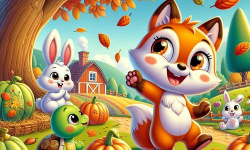 Un petit renard nommé Rouxy, avec un pelage orange vif et des yeux pétillants, danse sous un grand arbre aux feuilles dorées, souriant. À proximité, un lapin blanc nommé Benny applaudit en sautillant, tandis qu'une tortue verte nommée Tilly, souriante, regarde la scène assise sur l'herbe. Le décor est une ferme pittoresque en automne, avec des courges brillantes, des feuilles multicolores tombant autour d'eux et un ciel bleu clair. Rouxy et ses amis célèbrent une fête d'automne joyeuse, partageant des gâteaux en forme de feuilles et des noisettes, riant et dansant ensemble dans une ambiance festive.
