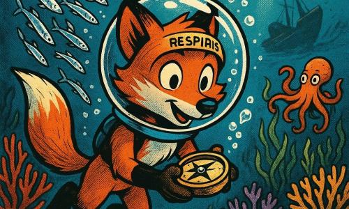 Un renard anthropomorphe roux nommé Roussin, l'air émerveillé et serein, nage doucement au milieu de l'eau avec un casque rond et transparent gravé 