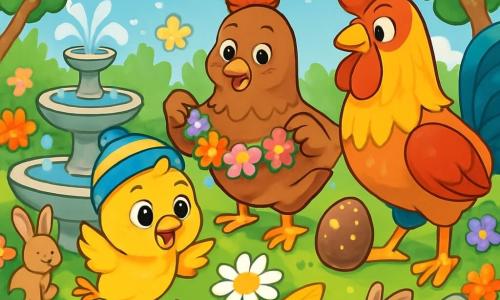 Un poussin malicieux, Picoti, avec un plumage jaune éclatant et un chapeau rayé bleu et jaune, saute joyeusement près d'une fontaine, ses yeux brillants de curiosité. À ses côtés, Maman Poule, avec son plumage brun, sourit tendrement en tenant une guirlande de fleurs colorées, tandis que Papa Coq, majestueux avec ses plumes rouges et dorées, décore le jardin avec des œufs en chocolat. Le jardin est rempli de fleurs éclatantes, de guirlandes pastel flottant dans le vent, et de lapins qui s'affairent autour des pierres ornées de fleurs. Picoti découvre une plume dorée sous une marguerite, tenant un parchemin mystérieux, prêt pour une chasse au trésor magique pour Pâques.