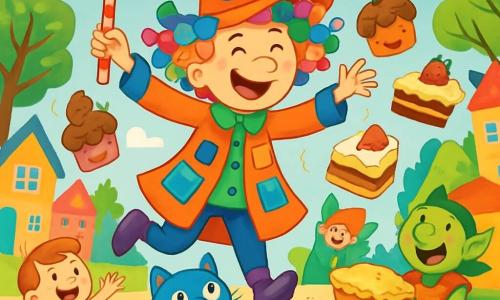 Un sorcier joyeux nommé Polisson, avec des cheveux multicolores, un chapeau à pois et un manteau plein de poches, saute de joie au centre de la scène. Son grand sourire et ses yeux pétillants montrent son excitation alors qu'il brandit une baguette magique en sucre d'orge. À ses côtés, Turlututu, un chat bleu aux moustaches en tire-bouchon, observe avec curiosité les gâteaux dansants, émerveillé. La scène se déroule sur la grande place du village de Farfelus-les-Baguettes, entourée de maisons colorées, d'arbres aux feuilles rieuses et de fleurs éclatantes. Des enfants rient et courent, tandis que des lutins et des fées volent autour, créant une ambiance festive. Polisson essaie de maîtriser une pluie de gâteaux farceurs qui provoquent un joyeux désordre et des éclats de rire parmi les villageois, tandis qu'une tarte au citron fait un saut acrobatique dans les bras d'un troll amusé.