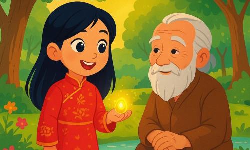 Mei Lin, une jeune femme aux cheveux noirs et aux yeux curieux, se tient au centre d'une clairière avec un sourire émerveillé. Elle porte une robe en soie rouge ornée de motifs dorés et tient une petite pierre brillante qui émet une douce lumière. À côté d'elle, un vieil homme aux cheveux gris, assis sur une souche d'arbre, l'observe avec bienveillance. La clairière est illuminée par une lumière dorée, entourée d'arbres majestueux et de fleurs colorées, avec un ruisseau scintillant à proximité. Mei Lin découvre la pierre vivante qui chante pour elle, tandis que le vieil homme lui offre des conseils, créant une atmosphère de mystère et de beauté.