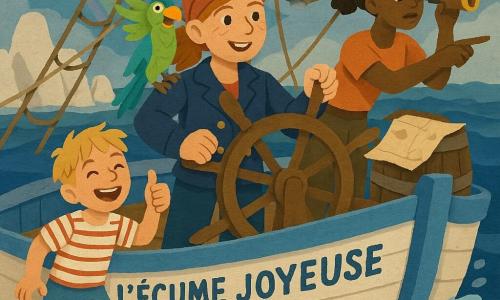 Capitaine Jade, jeune femme déterminée au visage souriant et taches de rousseur, foulard rouge, veste bleu marine et bottes en cuir, tient la barre avec confiance; Lou, garçon de 8 ans aux cheveux blonds emmêlés, chemise rayée et pantalon retroussé, trempé mais riant et levant le pouce; Bertille, navigatrice d’environ 18–20 ans aux cheveux châtains attachés, longue-vue et carte, pointe une direction près du mât; Max, perroquet vert, bleu et jaune, perché sur l’épaule de Jade, lance une plaisanterie; le navire L’Écume Joyeuse, bois peint blanc et bleu avec cordages et voiles gonflées, quitte le récif du Crocodile entre des rochers dentelés dans la brume, la mer profonde et le ciel partiellement nuageux avec un arc-en-ciel discret, scène dynamique de soulagement, fierté et camaraderie.