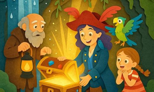 Lila, pirate aux cheveux violets bouclés et grand chapeau à plumes rouges, ouvre un coffre en bois orné laissant échapper une lumière dorée qui révèle un grand livre lumineux intitulé « Livre de l’Amitié »; Balthazar, homme âgé à la barbe blanche, tient une lampe à huile et observe, Zoé, fillette en robe rayée, saute d’excitation, et Jules, perroquet coloré, est perché sur l’épaule de Lila; la scène se déroule dans une grotte derrière une cascade, murs moussus, gouttes scintillantes et rayons dorés filtrant, ambiance chaleureuse et magique, couleurs vives, textures superposées et ombres épurées.