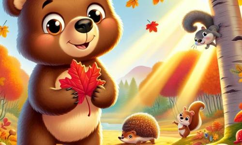 Un ours brun nommé Oscar, avec un pelage doux et des yeux curieux, se tient dans une clairière ensoleillée, entouré de feuilles d'automne colorées. Il sourit en tenant une grande feuille rouge. À proximité, un écureuil agile grimpe sur une branche, ses joues pleines de glands. Un hérisson aux piquants dorés se faufile entre les champignons colorés, regardant Oscar avec curiosité. La clairière est baignée de lumière dorée, avec des arbres aux feuilles flamboyantes et le sol tapissé de feuilles croustillantes. Oscar, émerveillé par la beauté de l'automne, découvre les trésors de la nature avec ses amis de la forêt.