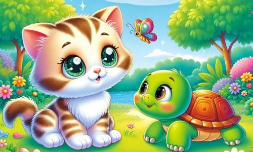 Un petit chat nommé Minou, au pelage doux et rayé de crème et brun, observe avec curiosité. Il est assis dans l'herbe verte, oreilles dressées, prêt pour l'aventure. À ses côtés, une tortue à la carapace brillante et verte, souriante, cherche sa fleur magique, l'observant avec espoir. Le jardin est rempli de fleurs colorées, de grands arbres aux feuilles luxuriantes, et d'un ciel bleu clair parsemé de nuages blancs. Au loin, un papillon multicolore vole joyeusement, ajoutant de la magie à la scène. Minou et la tortue sont prêts à explorer et à trouver la fleur magique qui brille au soleil.