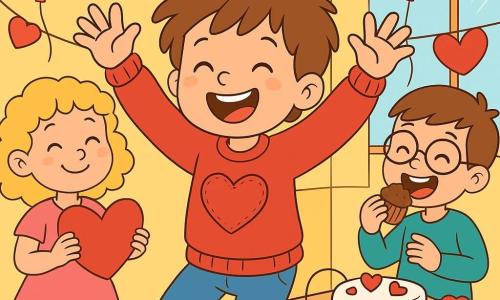 Léo, un garçon de 6 ans aux cheveux bruns en désordre et au grand sourire, porte un pull rouge avec un cœur cousu. Il danse avec enthousiasme, entouré de ses amis. Emma, une fille de 6 ans aux cheveux bouclés et blonds, en robe rose, tient un cœur en papier et sourit. Max, un garçon avec des lunettes et des cheveux châtains, croque un cupcake au chocolat à côté d'elle. La scène se déroule dans une salle de classe lumineuse, décorée de ballons et de guirlandes en papier, avec une table remplie de friandises. Léo, fier et heureux, lance une mélodie entraînante, et tous les enfants dansent ensemble, créant une atmosphère festive et joyeuse.