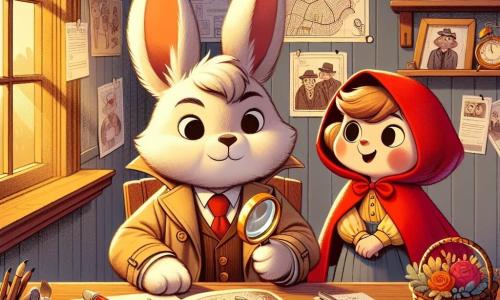 Le détective Lapinos, un petit lapin aux grandes oreilles et au trench-coat beige, est assis à son bureau en bois, concentré avec une loupe et un carnet de notes. À côté de lui, le Petit Chaperon Rouge, une fillette souriante en cape rouge, tient un panier de fleurs. Le bureau est encombré de cartes et de photos de suspects, éclairé par une douce lumière filtrant à travers une fenêtre. Une carte du village est épinglée au mur, entourée de notes. Lapinos examine des indices sur la disparition du loup, tandis que le Petit Chaperon Rouge l'encourage, impatiente de résoudre le mystère.