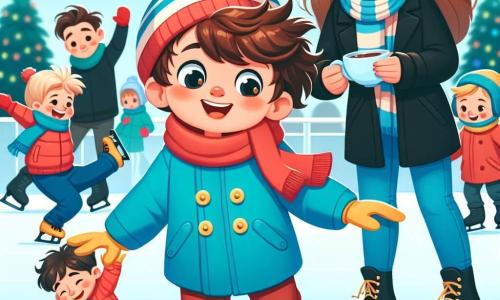 Un garçon de 5 ans, Tommy, patine sur une patinoire en plein air, vêtu d'un manteau bleu, d'un bonnet rouge et de gants jaunes, affichant une grande joie. Sa maman, une femme d'environ 30 ans avec des cheveux bruns, l'encourage en tenant un chocolat chaud. À côté, Lucas, un autre garçon de 5 ans avec des cheveux blonds et des lunettes, tombe mais rit en se relevant, illustrant l'esprit de camaraderie. La patinoire est animée, entourée de sapins décorés et sous un ciel d'hiver clair, avec des flocons de neige tombant doucement, créant une atmosphère magique. Tommy et ses amis s'amusent à patiner, créant des souvenirs joyeux.