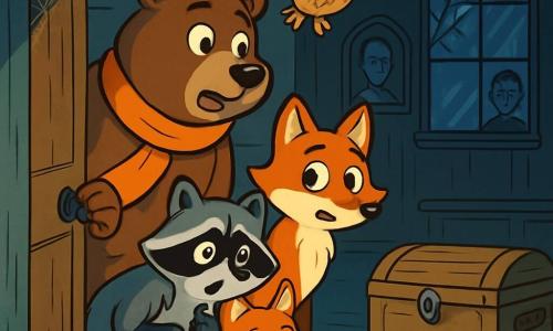 Barnabé l'ours, un grand ours brun au pelage soyeux, porte un foulard orange vif et affiche une expression de curiosité mêlée d'excitation en ouvrant une porte grinçante dans une vieille maison. Lila la renarde, avec son pelage roux éclatant et ses yeux malicieux, se tient à côté de lui, tandis que Max le raton laveur, inquiet, se blottit derrière Barnabé. Hugo le hibou, aux plumes brunes et aux grands yeux ronds, vole au-dessus d'eux, observant la scène. La maison ancienne et mystérieuse, avec ses murs en bois usés et ses fenêtres poussiéreuses, est décorée de toiles d'araignées. La lumière de la lune filtre à travers les fenêtres, projetant des ombres sur le sol. Les amis s'apprêtent à entrer dans une pièce sombre où une malle ancienne émet un bruit mystérieux.
