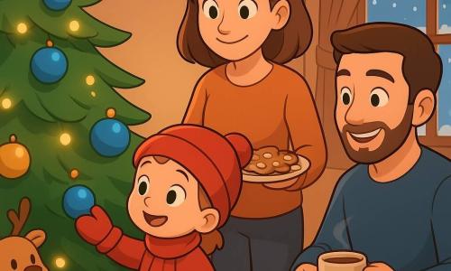 Une fillette de 3 ans avec un bonnet rouge et des moufles, souriante, se tient près d'un grand sapin de Noël décoré de boules bleues et dorées. Sa mère, une femme d'une trentaine d'années avec des cheveux bruns, est à côté d'elle, tenant un plateau de biscuits chauds. Le père, également dans la trentaine avec une barbe courte, est assis à une table avec une tasse de chocolat chaud. La scène se passe dans un salon douillet avec des lumières scintillantes et une fenêtre montrant la neige à l'extérieur. Emma touche une boule du sapin, son visage éclairé par les guirlandes, et un petit renne en peluche est sur une chaise à côté d'elle.