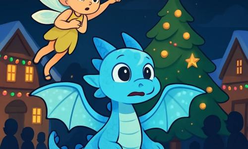 Flocon, le petit dragon de givre, est un adorable dragon aux écailles bleu clair scintillantes, avec de grandes ailes translucides brillantes. Il a des yeux curieux et inquiet, se tenant au centre de la scène, prêt à s'envoler pour sauver Noël. À ses côtés, Frimousse, la petite fée, a des ailes en forme de pétales de fleurs et une expression anxieuse, volant juste au-dessus de Flocon en pointant vers le ciel sombre. Le décor est une ville festive, plongée dans l'obscurité, avec un grand sapin de Noël décoré au centre de la place, entouré de maisons en bois. Flocon et Frimousse sont déterminés à ramener la lumière dans la ville, tandis que des ombres d'habitants inquiets se dessinent derrière eux, attendant le retour de la magie de Noël.