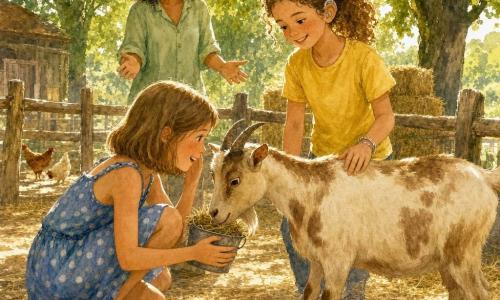 Quatre personnages dans un enclos pédagogique estival : Lina, 11 ans, cheveux châtain clair au carré, en robe à pois bleus, accroupie à gauche, chuchotant et tendant un petit seau de foin vers la chèvre ; Inès, 11 ans, cheveux bouclés en queue, appareil auditif discret, en tee-shirt jaune, debout derrière Lina, souriante et caressant la chèvre ; Naïma, animatrice d'une trentaine d'années, peau métisse, chapeau de paille et blouse verte claire, debout en arrière-plan, mains ouvertes et regard bienveillant ; la chèvre crème à taches brunes, au centre, s'approchant du seau. Lieu : enclos avec barrière en bois, sol de paille et terre, bottes de foin, quelques poules au loin, grands tilleuls projetant des ombres et une lumière chaude de fin d'après-midi. Ambiance calme et douce, couleurs chaudes, touches aquarelle floues et éclaboussures suggérant poussière et lumière.