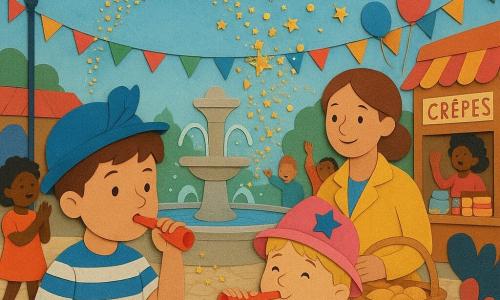 Trois personnages : Tom, garçon de presque 4 ans, cheveux bruns courts, chapeau bleu à plumes et chemise rayée, à gauche, souffle dans un petit sifflet rouge en regardant la place ; Lila, fille de presque 4 ans, cheveux blonds en couettes, chapeau rose à étoiles et robe à pois, à droite de Tom, tient sa main et souffle aussi en souriant ; Maman, femme dans la trentaine, cheveux châtain attachés, manteau jaune, est derrière eux et tient un panier de crêpes. Lieu : grande place pavée avec une fontaine centrale en pierre, guirlandes multicolores entre lampadaires, ballons rouges et bleus, stands en bois vendant bonbons et crêpes, et papillons en papier sur les chapeaux. Situation : Tom et Lila soufflent dans leur sifflet, une nuée de confettis dorés et étoiles en papier s'envole au-dessus de la fontaine, enfants et adultes applaudissent, oiseaux en papier volent, ambiance colorée, joyeuse et lisible pour des 4 ans.