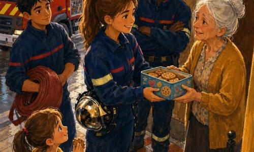 Léa, pompier souriante aux cheveux châtain en queue, veste de service bleue et casque incliné, tend une boîte de biscuits décorée d'autocollants «Pour toi, avec le sourire !» à une voisine âgée d'environ 70 ans, cheveux blancs en chignon, yeux humides de gratitude, qui la reçoit à deux mains sur le palier d'un vieil immeuble aux murs ocres un peu fumés et sol carrelé ; derrière Léa, Hector, pompier d'une quarantaine d'années à la grosse moustache, bras croisés et sourire bienveillant, se tient près du camion rouge garé dans la rue mouillée visible par la porte ouverte, tandis que Jules, stagiaire d'environ 18 ans en tenue de formation, tient un tuyau enroulé et observe attentif, et qu'Ana, fillette d'environ 7 ans aux couettes, tient un biscuit et regarde émerveillée depuis le bas de l'escalier ; fin d'intervention calme, gestes doux, équipements rangés, atmosphère sécurisante et chaleureuse, palette chaude (rouges, jaunes, ocres) contrastant avec les bleus profonds des uniformes, textures de peinture acrylique, coups de pinceau expressifs et contours doux, lumière douce de fin d'après-midi filtrant par la porte ouverte.