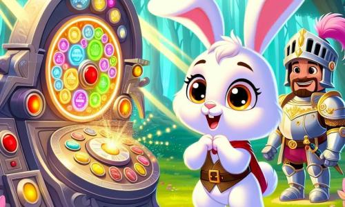 Un petit lapin nommé Léo, au pelage doux et blanc, se tient devant une machine en métal remplie de boutons colorés. Émerveillé et inquiet, il lève ses pattes avant, prêt à appuyer sur un bouton rouge. À ses côtés, Sir Roland, un chevalier souriant en armure brillante, l'encourage avec sa grande épée. La scène se déroule dans une forêt enchantée, avec des arbres majestueux et des fleurs colorées, créant une atmosphère magique. Léo s'apprête à activer la machine du temps, une expression d'excitation sur le visage, tandis que des étincelles de lumière annoncent le début de son voyage dans le temps.
