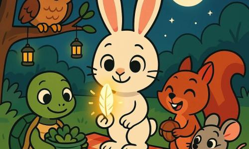 Sami, petit lapin blanc aux longues oreilles roses, tend une plume brillante au-dessus d’une nappe à carreaux ; Lila, tortue verte à la carapace luisante, tient une salade à gauche ; Kimo, écureuil roux à la queue touffue, tient une noisette à droite ; Zoé, petite souris grise, partage du fromage ; Mina, chouette brune aux lunettes rondes, veille depuis une branche derrière la nappe ; dans une clairière aux lanternes suspendues sous la pleine lune, tous partagent fruits, pain et jus autour de la plume magique qui crée une atmosphère douce et chaleureuse.
