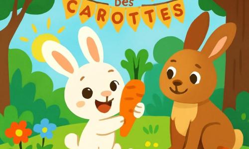 Un petit lapin nommé Léo, au pelage doux et blanc, saute de joie dans la forêt, tenant une carotte orange dans ses pattes avant. À ses côtés, sa maman lapin, au pelage brun, le regarde avec fierté. La forêt est colorée, avec des arbres verts, des fleurs multicolores et un ciel bleu clair. Léo montre sa carotte à ses amis pour célébrer la fête des carottes, tandis que d'autres animaux, comme le hérisson et l'écureuil, l'applaudissent, créant une ambiance festive.