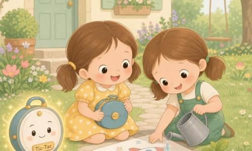 Deux fillettes d'environ 4 ans, souriantes et aux cheveux bruns en couettes — l'une en robe jaune à pois blancs tenant une petite valise ronde bleue à bouton doré, l'autre en salopette verte tenant un arrosoir métallique légèrement penché près d'une plante — sont assises côte à côte sur un chemin de pierres dans le jardin d'une vieille maison repeinte, riant et dessinant une fusée tandis qu'une goutte d'eau tombe de l'arrosoir sur le papier; derrière elles, une valise-temps anthropomorphe ronde et bleue, étiquetée « Tic-Tac », émet une douce lueur dorée; palette pastel, traits simples et arrondis, expressions lisibles, ambiance chaleureuse et sûre.