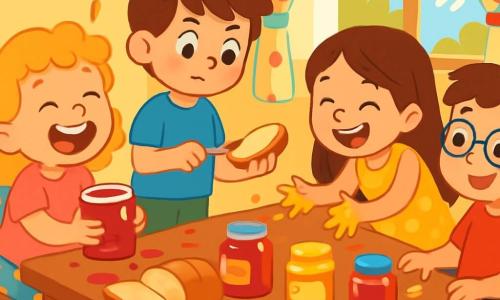 Quatre enfants sont présents : Léa, 5 ans, cheveux bouclés blonds, t-shirt rose et short à fleurs, assise sur une chaise, riant et tenant un pot de confiture ; Tom, 6 ans, cheveux bruns en bataille, t-shirt bleu et pantalon vert, debout avec un morceau de pain et un couteau ; Zoé, 7 ans, cheveux longs bruns, robe jaune à pois, penchée en avant, riant avec les mains pleines de miel ; et Hugo, 8 ans, cheveux châtains, lunettes, t-shirt rouge et jean, assis dans un fauteuil roulant, souriant en observant ses amis. Ils se trouvent dans une cuisine colorée avec des murs jaunes et une table en bois couverte de pots de confiture, miel et pain. Les enfants préparent leur goûter, créant un moment joyeux et chaotique.