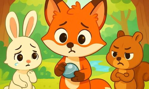 Petit Renard, un renard aux poils roux et aux yeux curieux, se tient au centre de la clairière, inquiet, tenant un caillou brillant. À sa gauche, Lapinou, une lapine aux grandes oreilles et au pelage blanc, le regarde tristement, les yeux larmoyants, tandis qu'elle se gratte la patte. À droite, Écureuil, un écureuil brun clair, croise les bras, déçu, observant la scène avec désespoir. La clairière est illuminée par le soleil, entourée d'arbres majestueux et de fleurs colorées, avec un ruisseau scintillant au fond. Petit Renard hésite à dire la vérité sur le caillou, tandis que ses amis attendent une réponse, créant une atmosphère de tension sur l'importance de l'honnêteté.