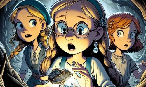 Trois amies, Éloïse (10 ans) aux longs cheveux bruns et lunettes, tient un pendentif scintillant avec émerveillement. Capucine (10 ans) aux cheveux blonds en tresses, est à ses côtés, le visage illuminé par la lumière du pendentif, tandis que Manon (10 ans) aux cheveux roux et taches de rousseur, regarde autour d'elle avec inquiétude, un peu en retrait. La scène se déroule dans une forêt sombre où des arbres aux troncs tordus semblent chuchoter des secrets. Une lumière argentée émane du pendentif, contrastant avec l'obscurité. Les amies découvrent un coffret ancien et magique, et Éloïse, fascinée, s'apprête à faire un vœu, tandis que des ombres inquiétantes se forment autour d'elles, créant une atmosphère magique et effrayante.