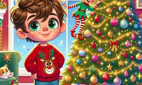 Un garçon de 8 ans, aux cheveux châtains en bataille et aux yeux curieux, se tient devant un sapin de Noël majestueux. Il porte un pull rouge avec un renne et un pantalon en jean, affichant un large sourire. À côté de lui, un lutin farceur, Pipo, avec une peau verte et un bonnet rouge, grimpe sur une branche du sapin en lançant des confettis en forme d’étoiles. Le salon est décoré de guirlandes scintillantes et de lumières clignotantes, créant une ambiance festive. Des chaussettes remplies de friandises pendent à la cheminée, tandis qu'un chat, Gribouille, dort paisiblement sur un coussin. La scène montre le garçon et le lutin en pleine action, préparant des surprises de Noël, avec des rires et de la magie dans l'air, tandis que des flocons de neige tombent doucement à l'extérieur.