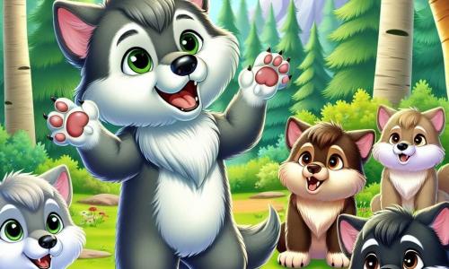 Un petit loup nommé Léo, avec un pelage gris et des yeux curieux, se tient joyeusement au centre de la scène, souriant et sautant de joie. À ses côtés, Milo, un loup au pelage brun clair et aux yeux doux, le regarde avec un sourire timide. D'autres louveteaux aux pelages variés les observent, impatients de jouer. La scène se déroule dans une belle forêt verdoyante, avec des arbres majestueux, des fleurs colorées et un ciel bleu clair. Les louveteaux jouent ensemble, illustrant la tolérance et l'amitié entre amis de différentes origines.