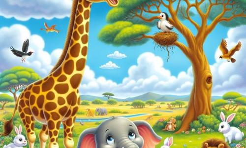 Une girafe nommée Gigi, avec un long cou tacheté de jaune et de brun, se tient joyeusement au centre de la savane, levant la tête vers un arbre où se trouve un petit nid. À ses côtés, un éléphant nommé Émile l'admire, tandis qu'un groupe d'animaux colorés les entoure, curieux et enthousiastes. Le ciel est bleu, parsemé de nuages blancs, et la savane est remplie de fleurs sauvages. Gigi essaie d'atteindre le nid d'oiseau, prête à aider son ami, tandis qu'Émile et les autres animaux l'encouragent.