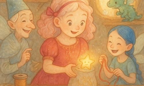 Une petite princesse d'environ 7 ans, émerveillée, cheveux bouclés rose pâle retenus par un ruban, porte une robe couleur confiture de fraise brodée d'or et tient une housse brodée où se pose une fine lueur rieuse; à gauche se tient Miette, une fée couturière au visage jovial et à la peau nacrée, qui sourit en tenant une aiguille chantante près d'un rouleau de ruban, à droite Plumette, jeune fée à tresse bleue, rit en déroulant un fil rouge, tandis que Dentelle, fée d'âge moyen aux lunettes rondes, présente un bouton étoile sur la table en bois; en arrière-plan, un petit dragon vert d'eau de la taille d'un chiot tousse doucement des plumes; l'atelier est chaleureux et fouillis — table en bois patinée couverte de boutons, bobines de fil, ciseaux et tissus floraux, fenêtre ronde laissant entrer une lumière dorée — l'atmosphère est joyeuse et calme, avec détails texturés visibles (fils, broderies, paillettes).