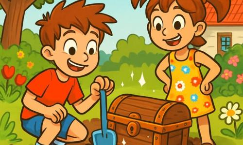 Deux personnages principaux : Alex, un garçon de 10 ans aux cheveux ébouriffés et aux yeux curieux, portant un t-shirt rouge et un short bleu, accroupi avec une pelle en plastique, et Zoé, une fille de 9 ans avec des cheveux châtains en couettes, en robe à fleurs et sandales, se tenant à côté d'Alex, les mains sur les hanches, émerveillée par un coffre en bois ancien. L'histoire se déroule dans un jardin ensoleillé, rempli de fleurs et d'arbres, où un vieux coffre partiellement enfoui brille au centre. Alex et Zoé découvrent ce coffre mystérieux dans le jardin de la grand-mère de Zoé, creusant avec enthousiasme, leurs visages illuminés par la promesse d'une aventure incroyable.