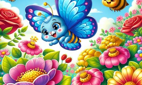 Un papillon nommé Lila, aux ailes bleu et violet, vole joyeusement au-dessus d'un jardin ensoleillé. Ses antennes frémissent d'excitation tandis qu'elle explore son environnement. Des abeilles dorées bourdonnent en récoltant du nectar sur des fleurs éclatantes, concentrées et heureuses. Dans un coin, des roses rouges dansent doucement au vent, semblant encourager Lila. Le jardin est rempli de couleurs vives avec des fleurs variées, des papillons et un ciel bleu parsemé de nuages. Au fond, un pommier chargé de pommes ajoute une touche de magie. Lila s'amuse avec ses amis insectes, dans une atmosphère joyeuse et estivale.