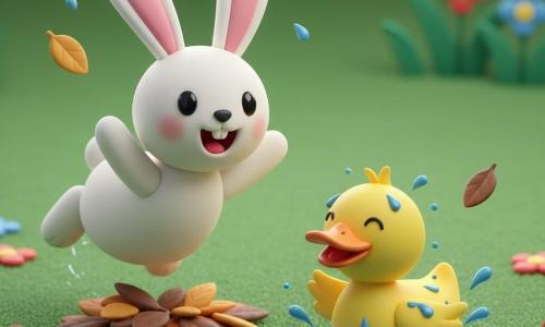 Un lapin blanc aux grandes oreilles roses, yeux ronds noirs et large sourire, à la fourrure lisse et joues rosées, saute joyeusement vers le haut, pattes arrière repliées et oreilles dressées, pour retomber sur un tas de feuilles ; à sa droite, un canard jaune vif au bec orange, ailes petites et mouillées, plonge à moitié dans une petite flaque bleue en faisant un plouf joyeux ; le jardin, simple et coloré, présente une pelouse verte, un tas de feuilles brunes et orange, une flaque scintillante et quelques fleurs stylisées rouge et bleu, et des gouttes d'eau et feuilles volantes accentuent le mouvement du concours de sauts.