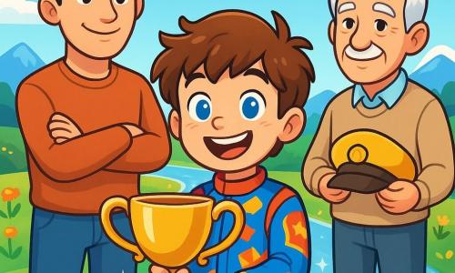 Un garçon de 6 ans, Anthony, aux yeux bleus et aux cheveux châtains ébouriffés, se tient au centre de la scène, souriant d'excitation et de détermination. Il porte une combinaison de pilote brillante et tient un trophée doré dans ses petites mains. À côté de lui, son père, un homme brun d’environ 30 ans, l'observe avec fierté, tandis que son grand-père, un homme âgé aux cheveux blancs, affiche une expression d’admiration en tenant une casquette de pilote. La scène se déroule sur une piste de course magique, entourée de montagnes et de fleurs colorées, sous un ciel bleu éclatant. Anthony, euphorique, vient de remporter une course incroyable et est prêt à célébrer sa victoire avec sa famille.