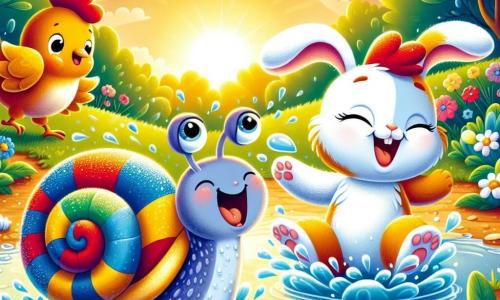 Un escargot coloré nommé Coco, avec une coquille ornée de taches bleu, rouge et jaune, glisse joyeusement dans une flaque d'eau, éclaboussant autour de lui avec un grand sourire. À côté, un lapin blanc nommé Benjamin saute dans l'eau en riant, tandis qu'une poule rousse appelée Clara s'apprête à plonger, ses ailes écartées. Le décor est un joli village d'animaux, avec des fleurs colorées, des arbres verdoyants et une lumière dorée du soleil couchant. Coco, Benjamin et Clara s'amusent ensemble dans cette flaque, créant des éclaboussures d'eau, illustrant la joie de l'amitié.